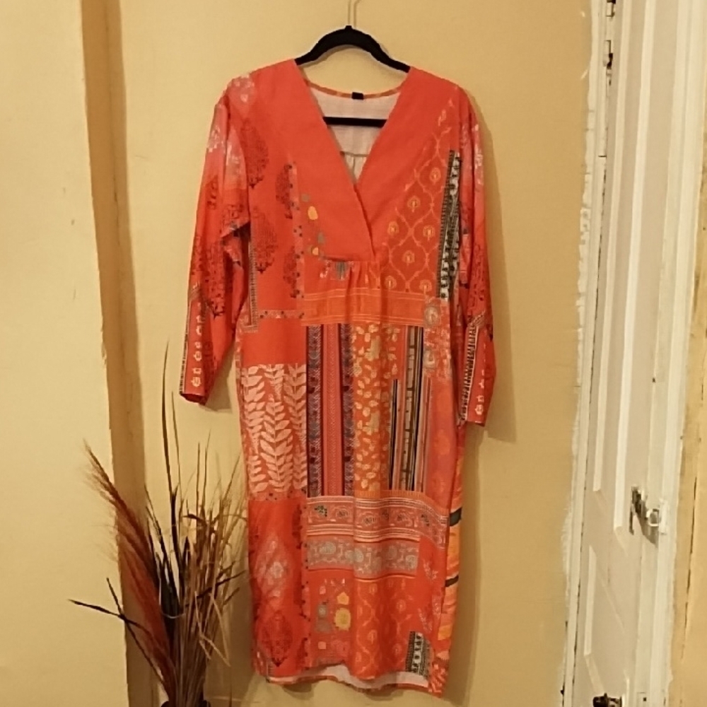 Bohemian Coral Caftan Polyester Blend‎ Mix Patterns Patchwork Dress Size Small